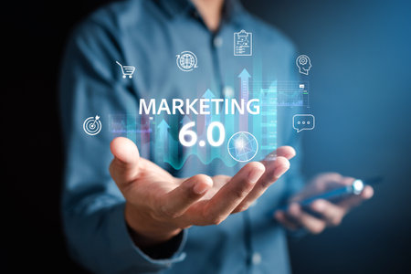 Businessman with Marketing 6.0 on digital business using ai tech and data analytics with IOT Connecting blockchain online marketing strategy planning concept.の写真素材