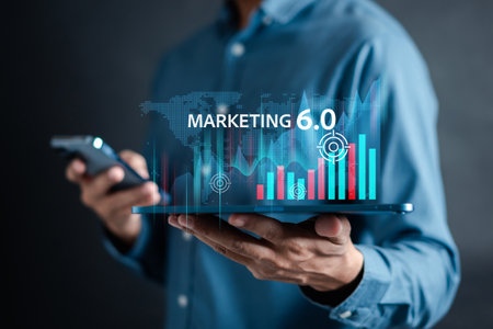 Businessman with Marketing 6.0 on digital business using ai tech and data analytics with IOT Connecting blockchain online marketing strategy planning concept.の写真素材