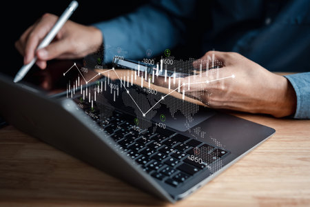 Analyst working in Business Analytics and Data Management System to make report with KPI and metrics connected to database. Corporate strategy for finance, operations, sales, marketing.の写真素材