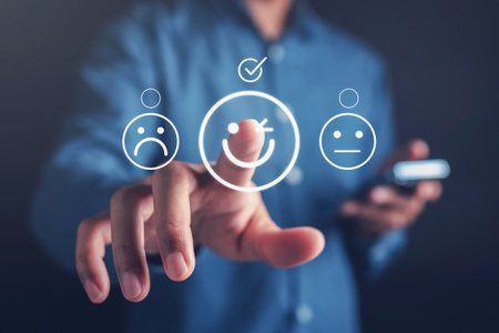 Experience of Customer and User give rating on online service on application smartphone, Satisfaction feedback and review give best quality good product survey ranking in top online business.の写真素材