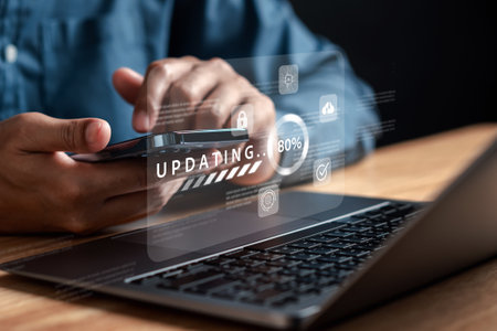 Update software and installing new version system in computer. Man upgrade program, Business technology internet loading bar with installing the update for the quality better.の写真素材