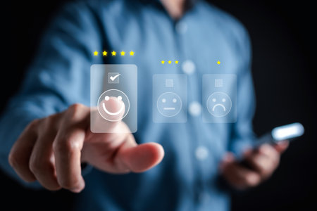 Experience of Customer and User give rating on online service on application smartphone, Satisfaction feedback and review give best quality good product survey ranking in top online business.の写真素材