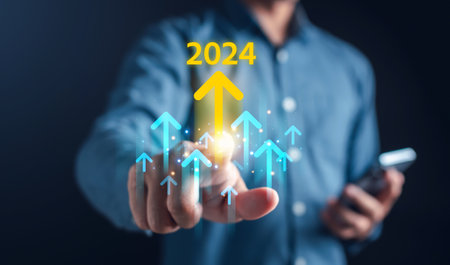 Growth up of Happy new year resolution planning and challenge strategy business with arrow up in New year 2024 with chart graph and countdown merry christmas and happy new year concept.の写真素材
