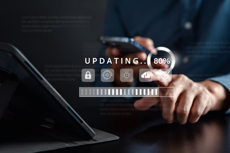 Update software and installing new version system in computer. Man upgrade program, Business technology internet loading bar with installing the update for the quality better.の写真素材