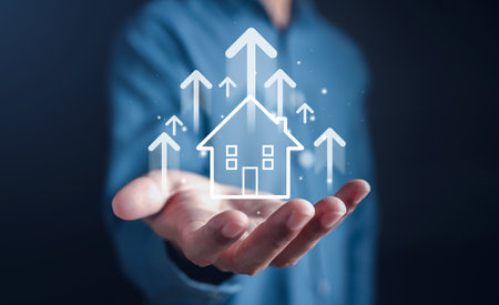 Value growth of real estate or property house. Businessman owner home investment planning real estate business arrow up, Percentage rental income earning profit Investor strategy.の写真素材