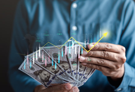 Business finance and investment with dollar banknote concept, Capital gain world money economic growth. financial graph chart invest on stock market, market report on cash currency conceptの写真素材