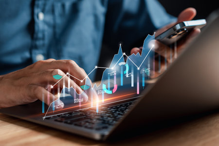Analyst working in Business Analytics and Data Management System to make report with KPI and metrics connected to database. Corporate strategy for finance, operations, sales, marketing.の写真素材