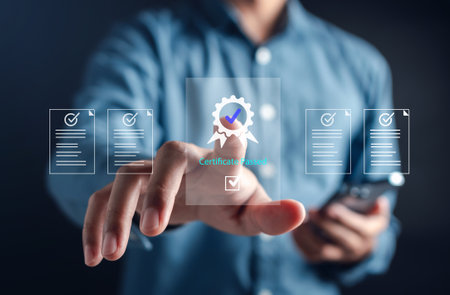 Sign assessment for certificate in online survey form, questionnaire, evaluation, online survey exam Choosing the right answer in the exam, filling out. digital form checklist improvement.の写真素材