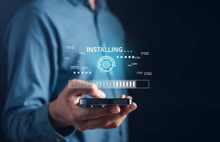 Update software and installing new version system in computer. Man upgrade program, Business...