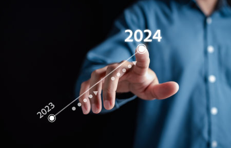 Growth up of Happy new year resolution planning and challenge strategy business with arrow up in New year 2024 with chart graph and countdown merry christmas and happy new year concept.の写真素材