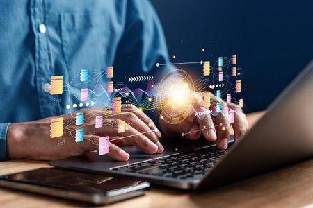 Businessman using ai technology for data analytics, Artificial Intelligence generate. Futuristic technology, robot in online system. Business in future to invest and develop corporate concept.の写真素材