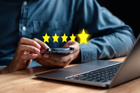 Experience of Customer and User give rating on online service on application smartphone, Satisfaction feedback and review give best quality good product survey ranking in top online business.の写真素材