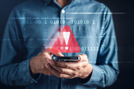 System warning caution sign on smartphone, scam virus attack on firewall for notification error and maintenance. Network security vulnerability, data breach, illegal connection and information danger.の写真素材