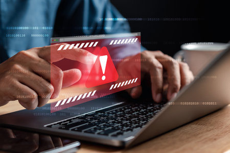 System warning caution sign on smartphone, scam virus attack on firewall for notification error and maintenance. Network security vulnerability, data breach, illegal connection and information danger.の写真素材