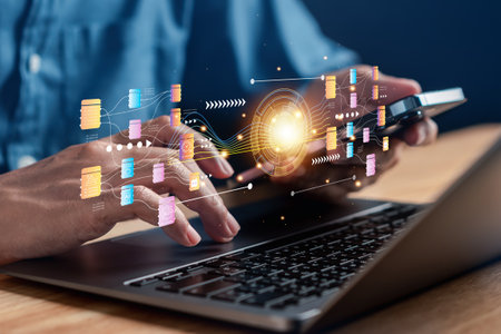 Businessman using ai technology for data analytics, Artificial Intelligence generate. Futuristic technology, robot in online system. Business in future to invest and develop corporate concept.の写真素材