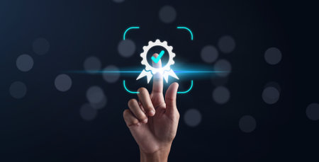 Assessment for certificate good quality product, digital improvement QC and QA iso, Standard check quality control concept.の写真素材