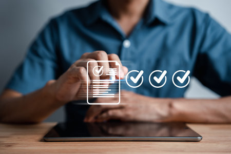 Quality Certificate and Checklist document analyst target marketing planning assignment with quality management. Standardization, certification. Compliance to regulations service and standards.の写真素材