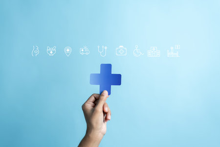 Health insurance and medical welfare concept. people hands holding plus symbol and healthcare medical icon, health and access healthcare.の写真素材