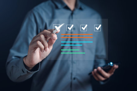 Digital Guarantee Checkmark, business checking quality assurance Standardization, certification. Compliance to regulations service and standards.の写真素材