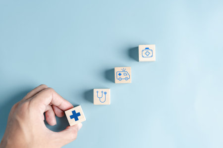 Health insurance concept. people hand holding plus and healthcare medical icon, health and access to welfare health concept.の写真素材