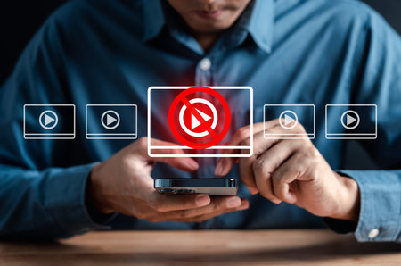 Adblock of media content concept. Notification online video block of virus and alert in website protection.の写真素材