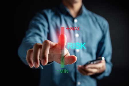 High Risk of Business decision making and risk analysis. Measuring level bar virtual, Risky business risk management control and strategy.の写真素材