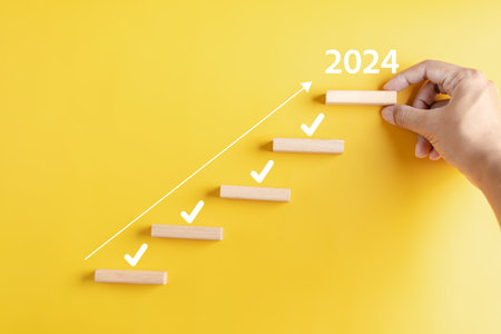 Ladder Steps to New year 2024 and countdown merry christmas and happy new year, Planning and...