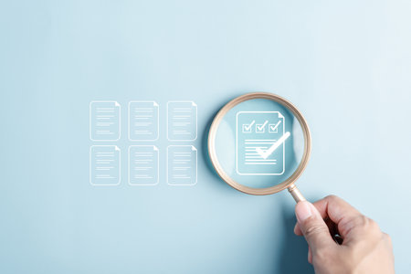 Quality Certificate and Checklist document analyst target marketing planning assignment with quality management. Standardization, certification. Compliance to regulations service and standards.の写真素材