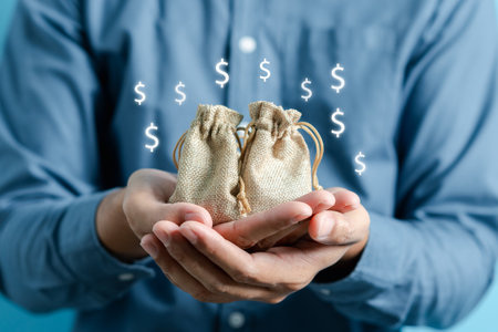 Man holding money bag, Planning investment, insurance, management business and saving money.