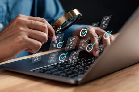 Quality Certificate and Checklist document analyst target marketing planning assignment with quality management. Standardization, certification. Compliance to regulations service and standards.の写真素材