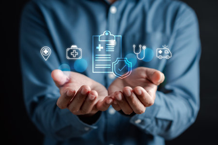 Health insurance concept. Man holding insurance form and healthcare medical icon, health and access to welfare health concept.の写真素材