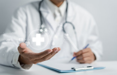 Health insurance concept. plus sign and healthcare medical icon, health and access to welfare health concept.の写真素材