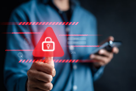 System warning caution sign, scam virus attack on firewall for notification error and maintenance. Network security vulnerability, data breach, illegal connection and information danger.の写真素材