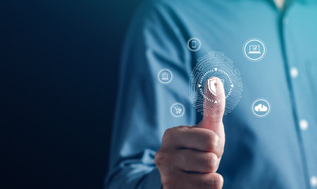 Digital processing of biometric identification fingerprint scanner high security protection. security scanning of digital programs cyber futuristic applications.の写真素材