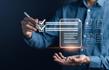 Quality Certificate and Checklist document inspecting target marketing planning assignment with quality management. Standardization, certification. Compliance to regulations service and standards.の写真素材