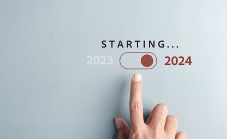 Pointing Happy New year 2024 with chart graph and countdown merry christmas and happy new year, Planning and challenge strategy business in new year 2024 Concept.の写真素材