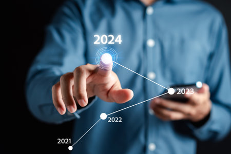 Pointing Happy New year 2024 with chart graph and countdown merry christmas and happy new year, Planning and challenge strategy business in new year 2024 Concept.の写真素材