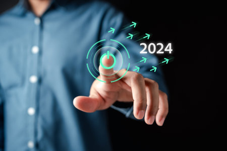 Pointing Happy New year 2024 with chart graph and countdown merry christmas and happy new year, Planning and challenge strategy business in new year 2024 Concept.の写真素材