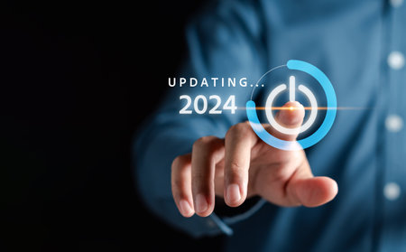 Pointing Happy New year 2024 with chart graph and countdown merry christmas and happy new year, Planning and challenge strategy business in new year 2024 Concept.の写真素材