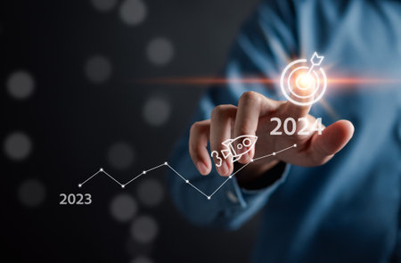 Pointing Happy New year 2024 with chart graph and countdown merry christmas and happy new year, Planning and challenge strategy business in new year 2024 Concept.の写真素材