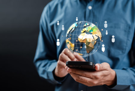 Businessman holding virtual world with business planning development leadership target group with Business global internet connection technology and digital marketing, Financial and banking.の写真素材