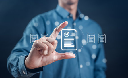 Quality Certificate and Checklist document analyst target marketing planning assignment with quality management. Standardization, certification. Compliance to regulations service and standards.の写真素材