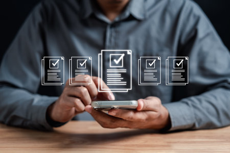 Quality Certificate and Checklist document analyst target marketing planning assignment with quality management. Standardization, certification. Compliance to regulations service and standards.の写真素材