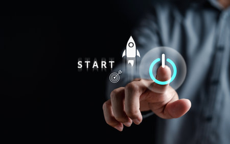 Business hand start Rocket launch. strategically planning and initiating a corporate startup. aim to achieve objectives through value development, fostering leadership.の写真素材