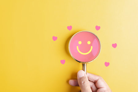 Happy smile face. mental health positive thinking and growth mindset, mental health care recovery to happiness emotion.の写真素材