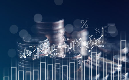 Business finance and investment concept, Capital gain world money economic growth. coin stack financial graph chart, market report on cash currency concept.の写真素材