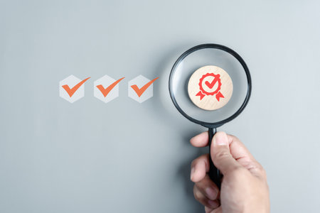 Quality Certificate and Checklist and analyst target marketing planning assignment with quality management. Standardization, certification. Compliance to regulations service and standards.の写真素材