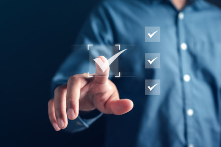 Quality Certificate and Checklist and analyst target marketing planning assignment with quality management. Standardization, certification. Compliance to regulations service and standards.の写真素材