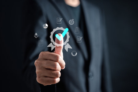Quality Certificate and Checklist and analyst target marketing planning assignment with quality management. Standardization, certification. Compliance to regulations service and standards.の写真素材