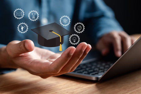 E-learning online class on virtual screen, watching video on internet, webinar online, education on internet, e-learning, learning online with webinar, video tutorialの写真素材